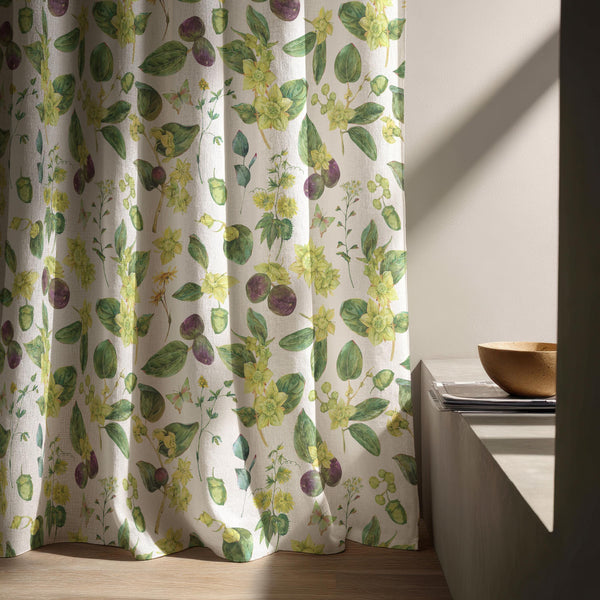 Botanical Linen Curtain Panel – Green Leaf & Floral Watercolor