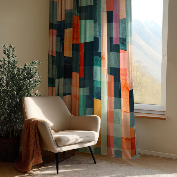 Abstract Geometric Color Block Curtain Panel: Modern Window Drape