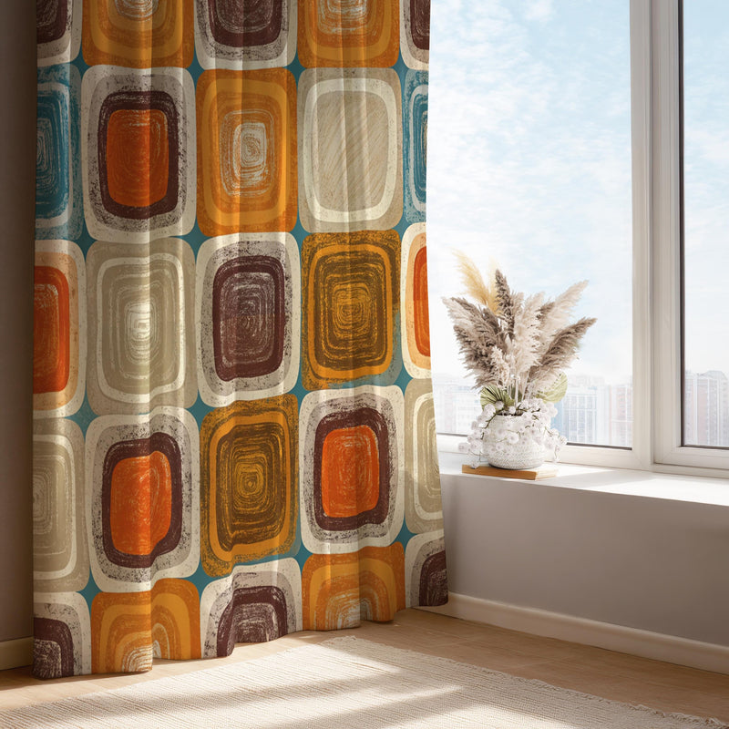 Retro Geometric Curtain Panel: Mid-Century Modern Orange Brown Teal Window Drape