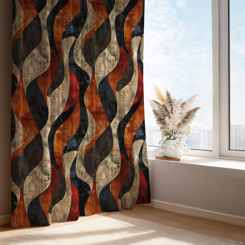 Retro Wave Curtain Panel: Burnt Orange Abstract Mid Century Modern Drape
