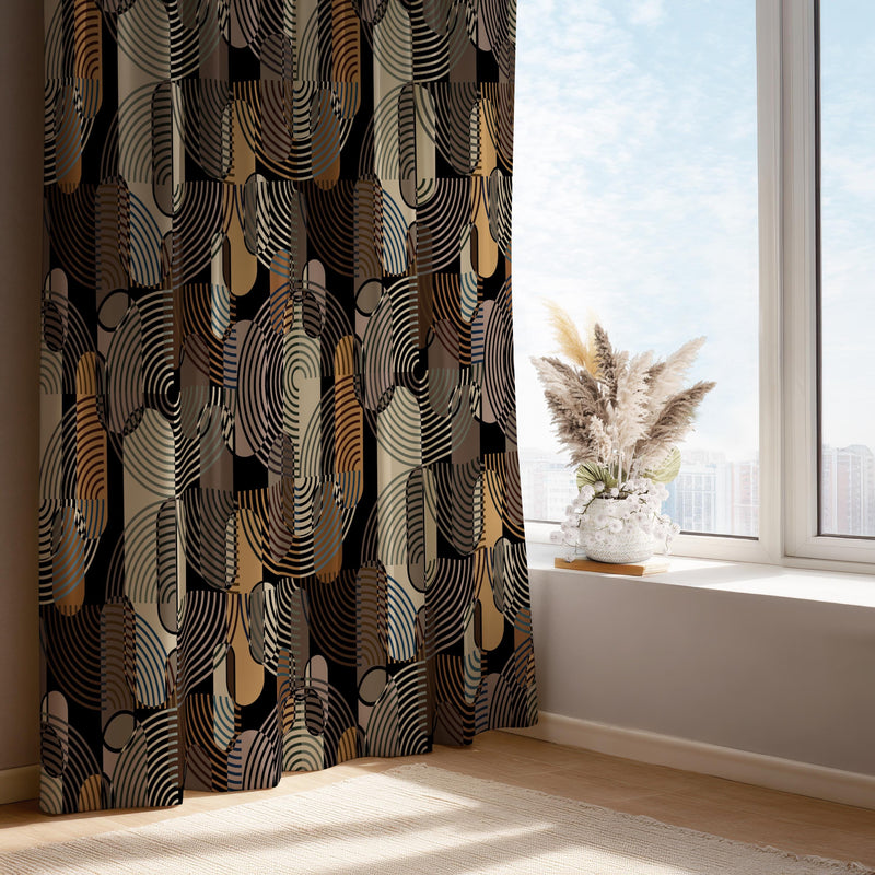 Retro Geometric Curtain Panel: Mid Century Modern Brown Beige Drape