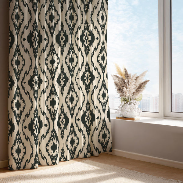 Bohemian Ikat Curtain Panel: Black and Cream Tribal Window Drape