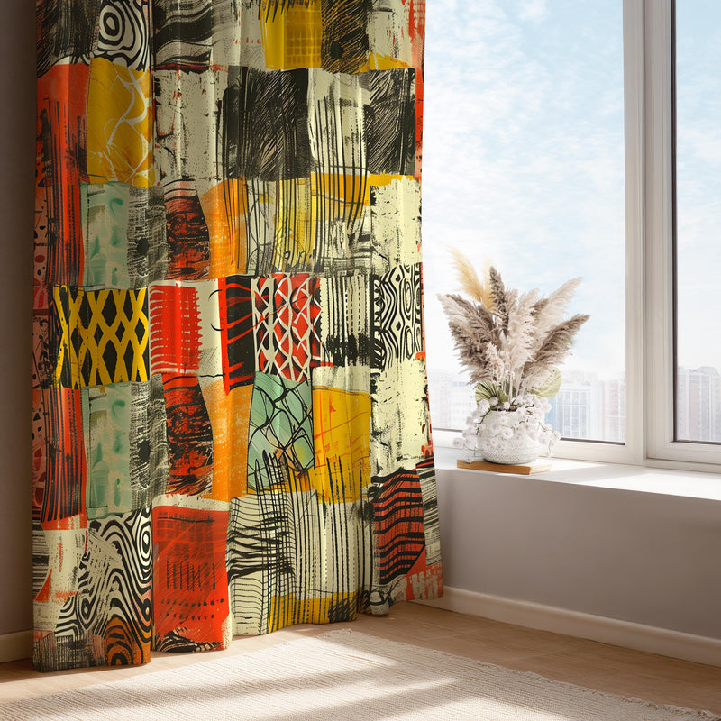 Abstract Patchwork Curtain Panel: Boho Geometric Window Drape