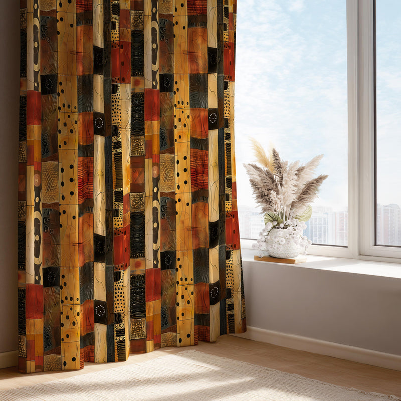 Geometric Curtain Panel: Terracotta & Black Boho Window Drape
