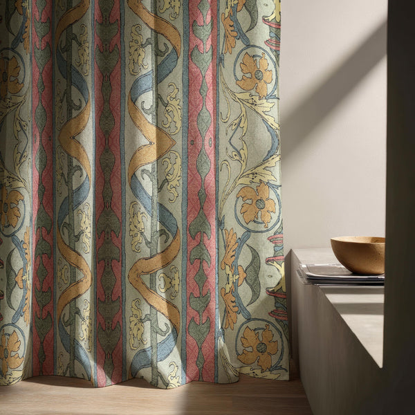 William Morris Linen Curtain – Colorful Floral Stripe Window Panel, Vintage Art Nouveau Drapes