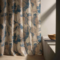 Blue Botanical Linen Curtain Panel – Large Leaf Print Neutral Window Drapes - Image 2