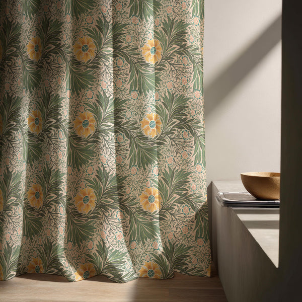 Green William Morris Linen Curtain – Vintage Floral Botanical Window Panel, Custom Drapes