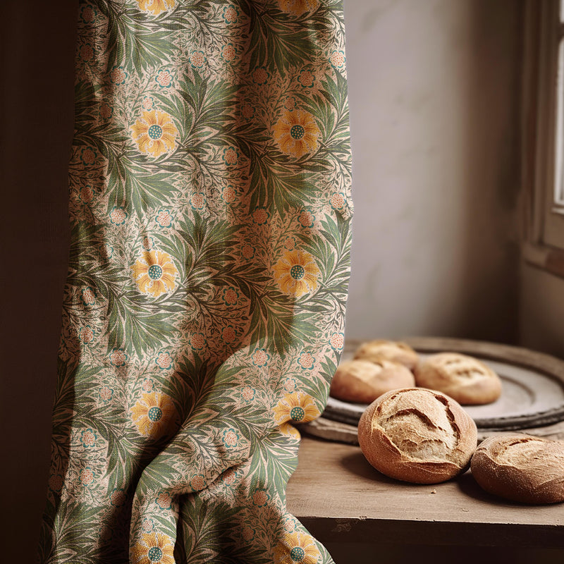 Green William Morris Linen Curtain – Vintage Floral Botanical Window Panel, Custom Drapes