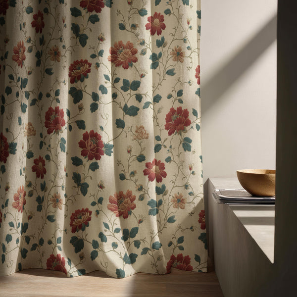 Floral Linen Curtain Panel: Cottagecore Botanical Window Treatment Drapes Farmhouse Rustic Decor