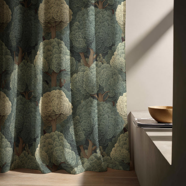 Enchanted Forest Linen Curtain – Green Woodland Tree Pattern Window Panel