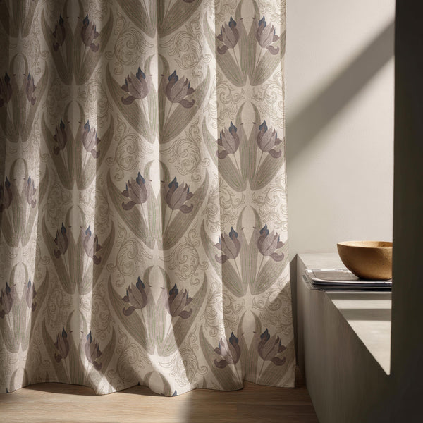 Art Nouveau Tulip Linen Curtain – Neutral Floral Window Panel, Custom Drapes
