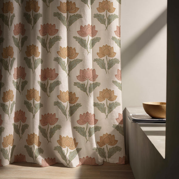 Lotus Flower Linen Curtain – Sage Green Botanical Floral Window Panel