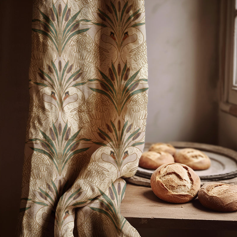 Art Nouveau Swan Linen Curtain - Vintage Bird Pattern Window Panel Green Botanical Drapes