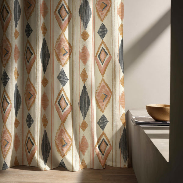 Boho Aztec Linen Curtain – Terracotta Mustard Geometric Diamond Window Panel