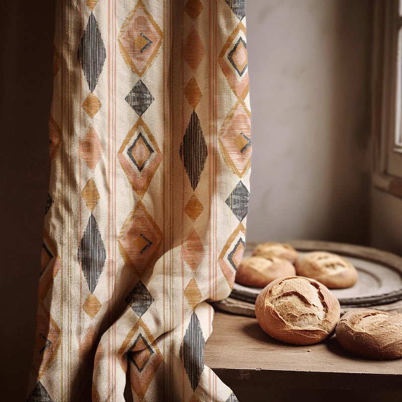 Boho Aztec Linen Curtain – Terracotta Mustard Geometric Diamond Window Panel