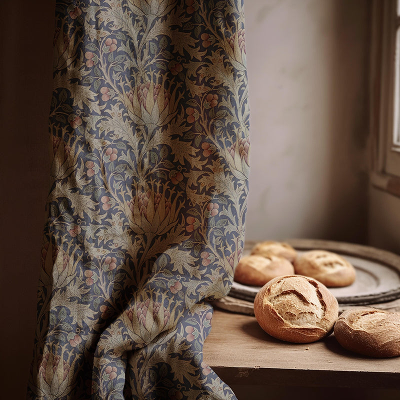 Blue Botanical Linen Curtain – Morris Style Floral Pattern Window Panel, Vintage Cottage Drapes