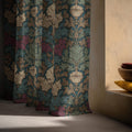 Vintage Botanical Linen Curtain – Teal, Gold Leaf, Art Nouveau - Image 3