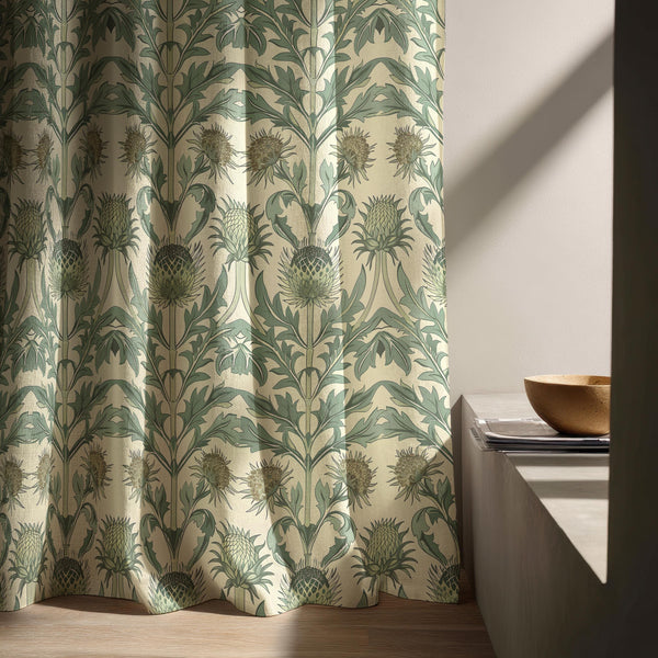 William Morris Style Green Thistle Linen Curtain, Botanical Floral Window Panel, Vintage Inspired Drapes