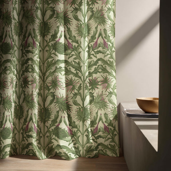 William Morris Linen Curtain Panel: Green Thistle Botanical Drapes
