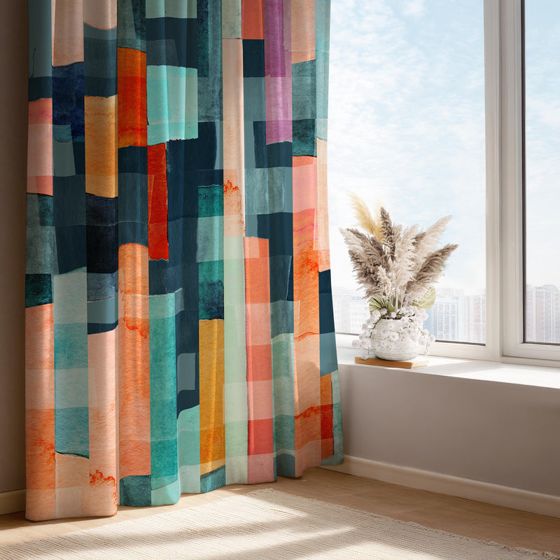 Abstract Geometric Color Block Curtain Panel: Modern Window Drape