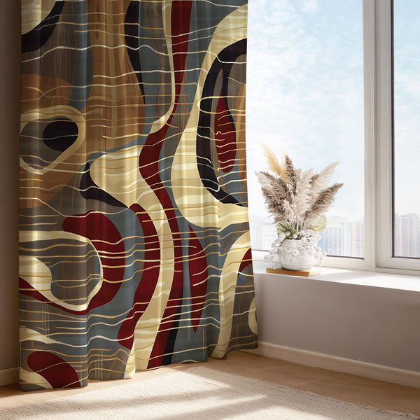 Abstract Wave Curtain Panel: Red, Gold & Blue Art Print Window Drape