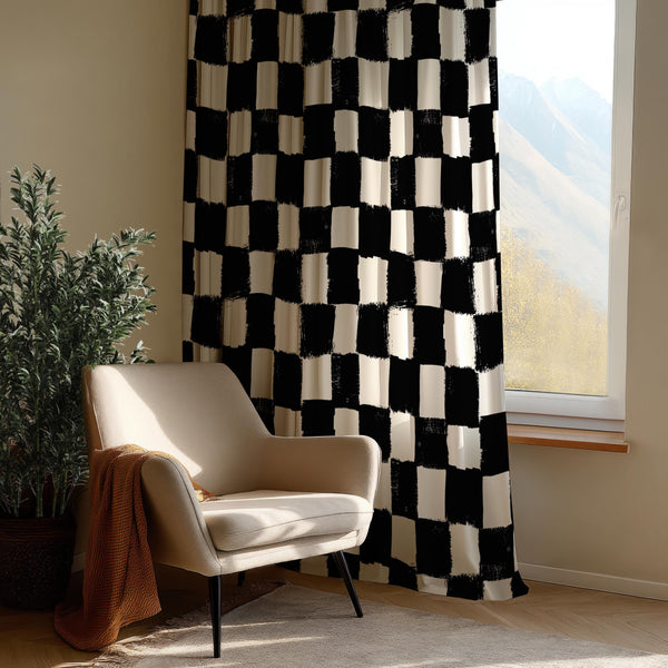 Checkered Curtain Panel: Black and White Geometric Window Drape