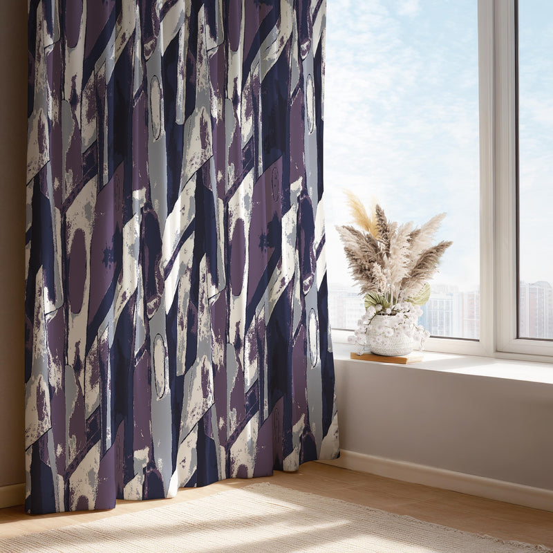 Abstract Curtain Panel: Navy, Purple, & Gray Brushstroke Window Drape