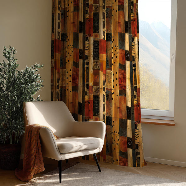 Geometric Curtain Panel: Terracotta & Black Boho Window Drape