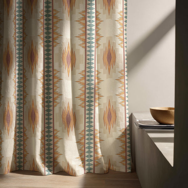 Boho Aztec Linen Curtain Panel, Geometric Earth Tones, Tribal Stripe