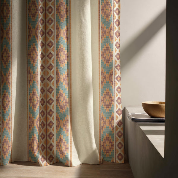 Boho Aztec Linen Curtain Panel Geometric Southwest Window Drapes in Beige Green Rust