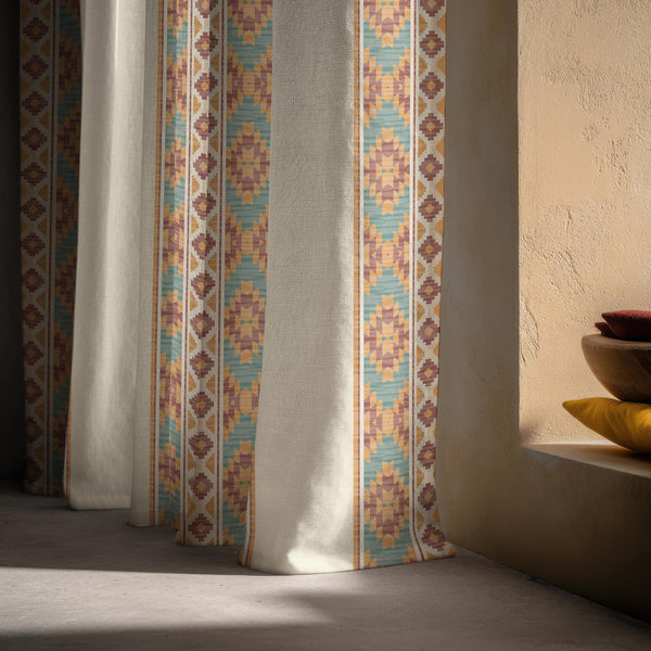 Boho Aztec Linen Curtain Panel Geometric Southwest Window Drapes in Beige Green Rust