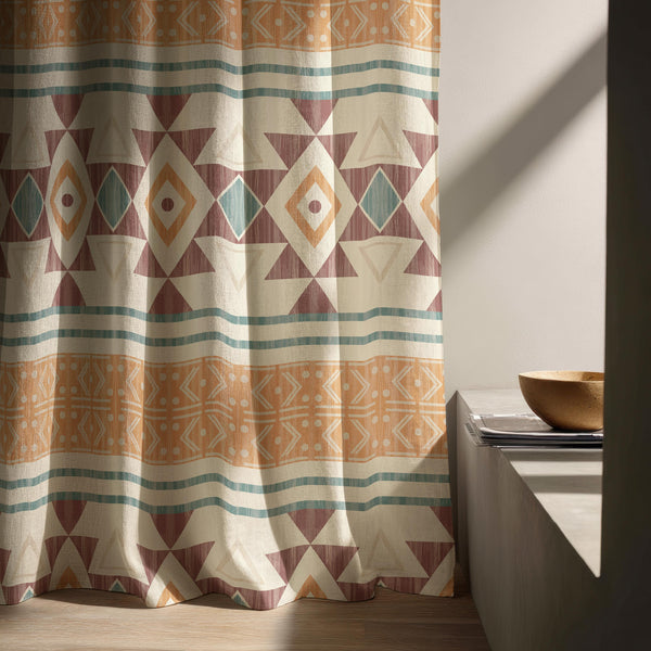 Boho Aztec Linen Curtain Panel, Geometric Southwest Window Treatment