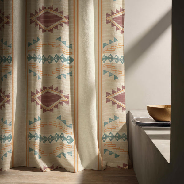Boho Aztec Linen Curtain, Southwestern Geometric Panel, Beige Teal Terracotta Drapes
