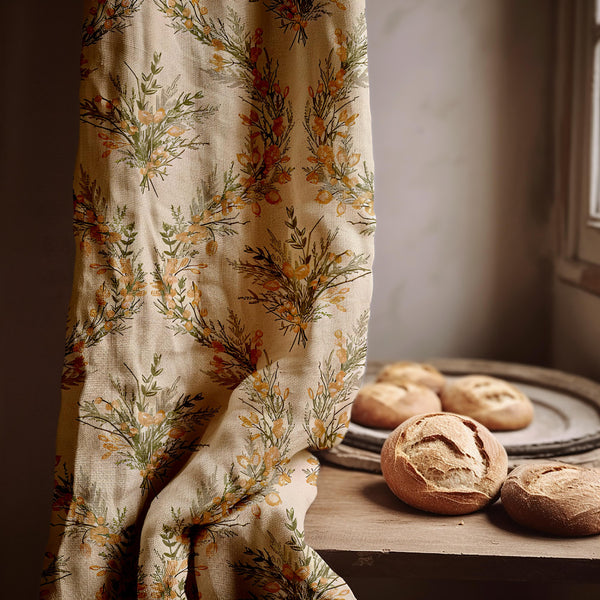 Botanical Linen Curtain – Olive Branch Wreath Pattern, Beige Green Farmhouse Window Panel