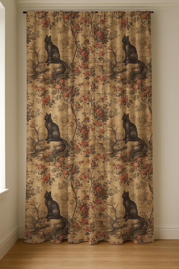 Black Cat Linen Curtain – Vintage Floral Toile Window Panel, Cottagecore French Country Drapes