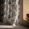 Blue Botanical Linen Curtain Panel – Large Leaf Print Neutral Window Drapes - Image 3