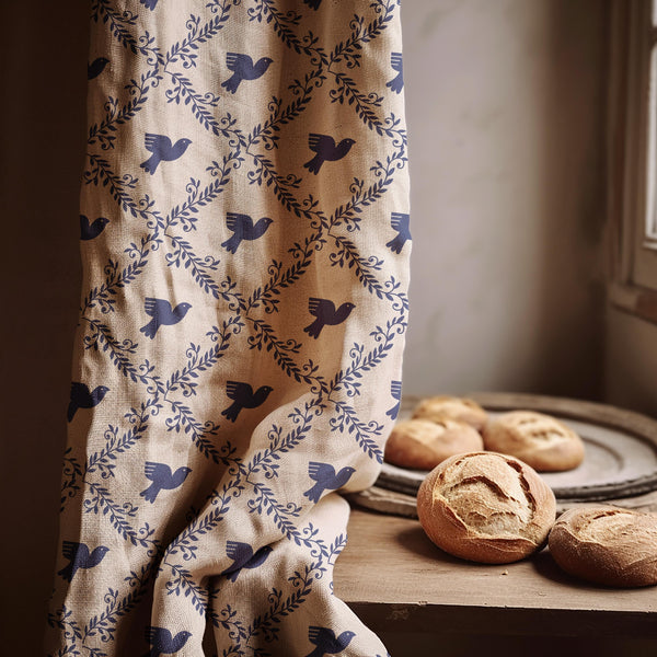 Blue Bird Folk Linen Curtain – Scandinavian Farmhouse Window Panel, Custom Drapes