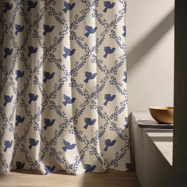 Blue Bird Folk Linen Curtain – Scandinavian Farmhouse Window Panel, Custom Drapes