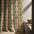 Terracotta Floral Linen Curtain – Green Arts and Crafts Pattern Window Panel - Image 2