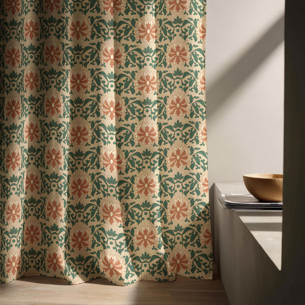 Terracotta Floral Linen Curtain – Green Arts and Crafts Pattern Window Panel
