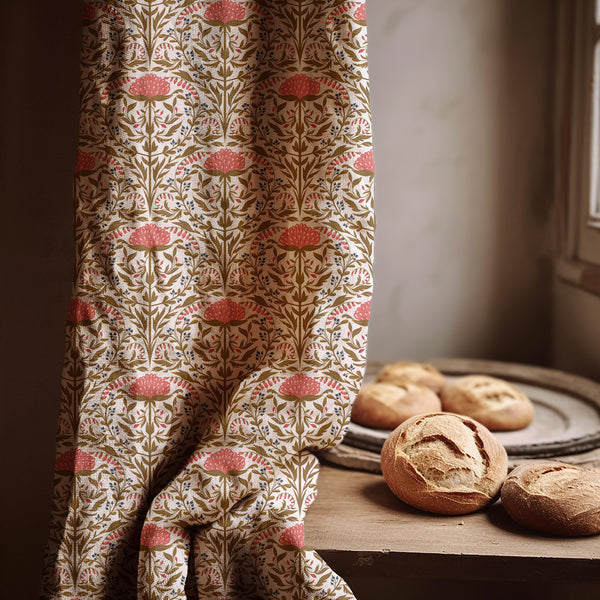 Pink Thistle Floral Linen Curtain – William Morris Style Botanical Window Panel
