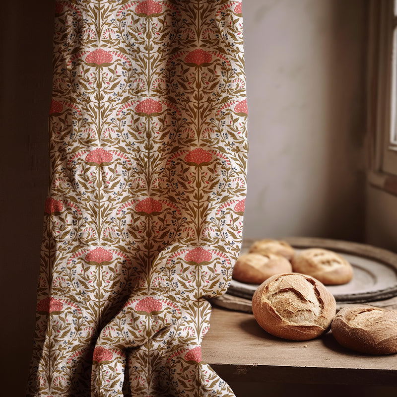 Pink Thistle Floral Linen Curtain – William Morris Style Botanical Window Panel
