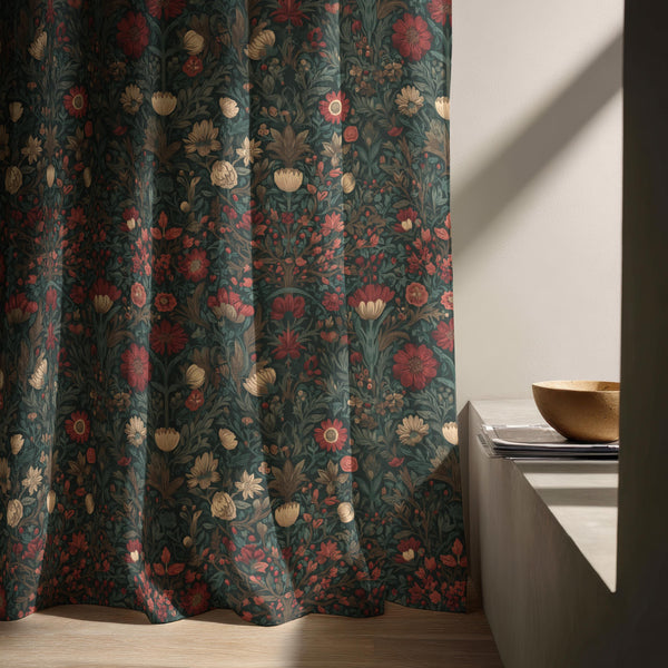 Botanical Linen Curtain – Dark Floral William Morris Style Drapery for Vintage or Cottage Interiors