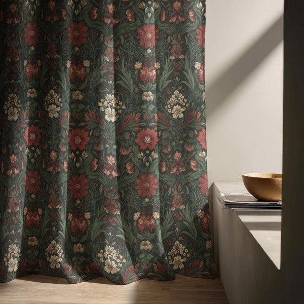 Dark Floral Linen Curtain: Vintage Botanical Gothic Decor - Single Panel