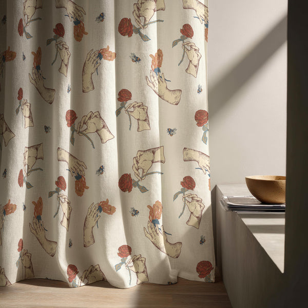Vintage Hands & Flowers Linen Curtain – Boho Sketch Floral Window Panel