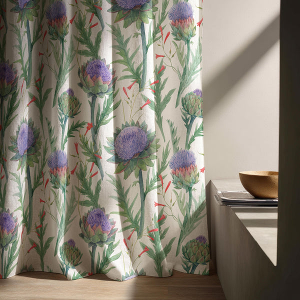 Purple Thistle Linen Curtain – Botanical Artichoke Floral Window Panel