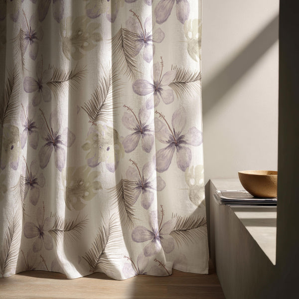 Lilac Tropical Floral Linen Curtain – Hibiscus Palm Leaf Window Panel