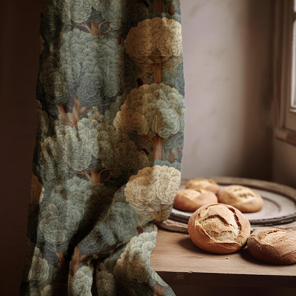 Enchanted Forest Linen Curtain – Green Woodland Tree Pattern Window Panel