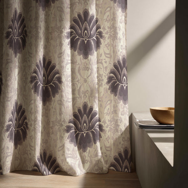 Purple Damask Linen Curtain - Large Medallion Pattern Window Panel, Neutral Home Decor Drapes