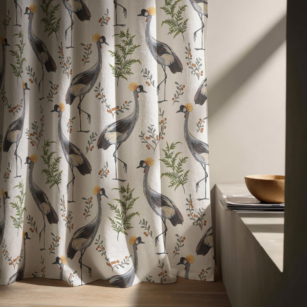 Botanical Crane Linen Curtain – Tropical Bird Print Window Panel, Safari Decor